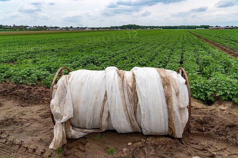 Potato field, potato ridges, early potatoes, 6 weeks after planting, just over 3 weeks until harvest, roll with fleece cover, North Rhine-Westphalia, Germany