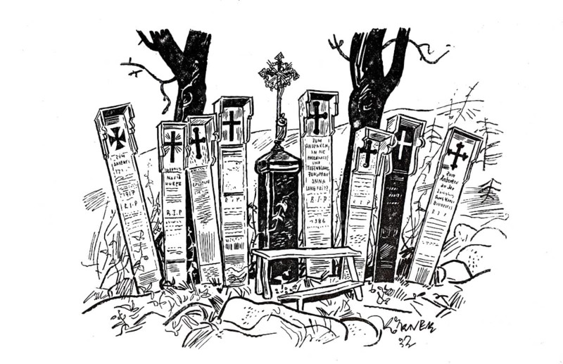 Death boards near Kötzting, wooden board on which the dead person is laid out until the burial and which is set up on the side of the road in memory of the deceased, Bavarian Forest, Bavaria, Germany, illustration, reproduction from a 19th century model. Authentic, file restored for optimal use, exact date of original unknown, historical, series of war graves with crosses and signs, surrounded by trees and a simple wooden chair in front of it