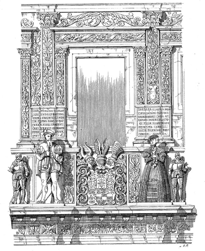 Historical architectural illustration from the 19th Century, 1873, facade in the Renaissance style, The Piast Dynasty Castle, detail of the facade, Brzeg or Brieg, a town in Silesia, Poland, Europe, Historische Architektur-Zeichnung aus dem 19. Jahrhundert, 1873, Hausfassade im Stil der Renaissance, Schloss der Piasten, Detail der Fassade, Brzeg oder Brieg, eine Stadt in Schlesien, Polen