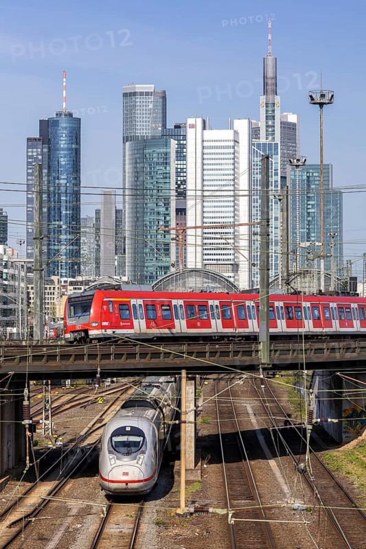 S-Bahn Rhein-Main train and an ICE 3 leaving Frankfurt Central Station in Frankfurt, Germany