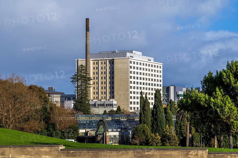 Auckland City Hospital tower block with tall brick chimney rising above glasshouse rooftop, Auckland Domain, Auckland, New Zealand