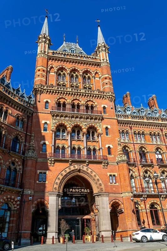 Tower and entrance doorway for St Pancras Renaissance hotel, Euston Road, London, England, UK Gothic Revival architecture by Sir George Gilbert Scott 1873