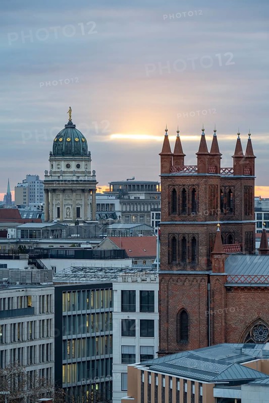 City view, Friedrichswerder Church, behind German Cathedral, view from the roof terrace of the Humboldt Forum, Mitte, Berlin, Germany