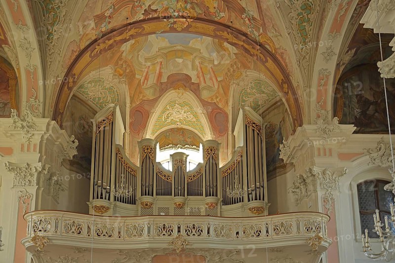 Organ with baroque ceiling fresco by painter Giuseppe Appiani, decorations, interior view, arts and crafts, stucco decoration, painting, baroque, baroque, gallery, church, St. Peter, Old Town, Mainz, Rhine-Hesse region, Rhineland-Palatinate, Germany