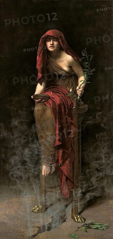 John Collier (born 28 January 1850 in London, died 11 April 1934), British writer and painter in the Pre-Raphaelite style, here his work: Priestess of Delphi (1891), Mystical woman in an ancient setting with smoke and mysterious accessories