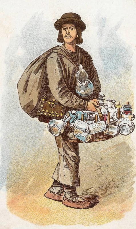 Viennese types by Ladislav Eugen Petrovits (1839, 1907), painter from Austria. Slovak, Slovak merchant, A seller with a tray full of ceramic objects