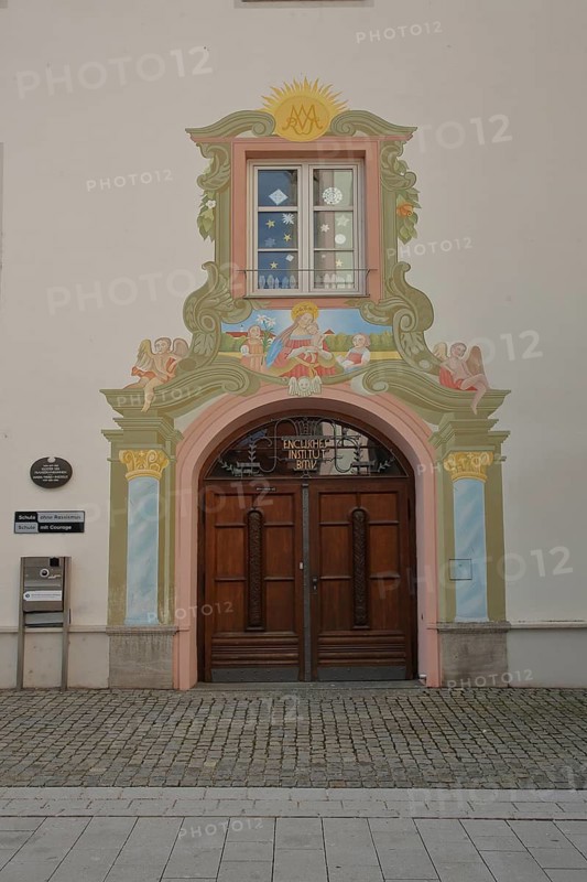 Portal with wall painting and mock architecture, front door, local history museum, Günzburg, Church of Our Lady, Günzburg, Bavaria, Germany