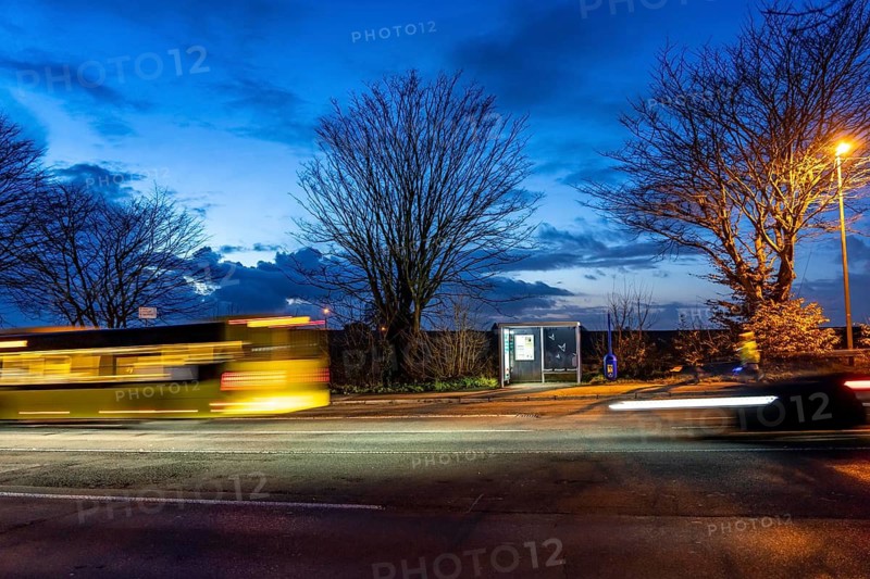 Bus stop Pierburg, in the evening, illuminated, Meisenburger Straße, Essen-Schuir, line 142, in the south of Essen, country road, Essen, North Rhine-Westphalia, Germany