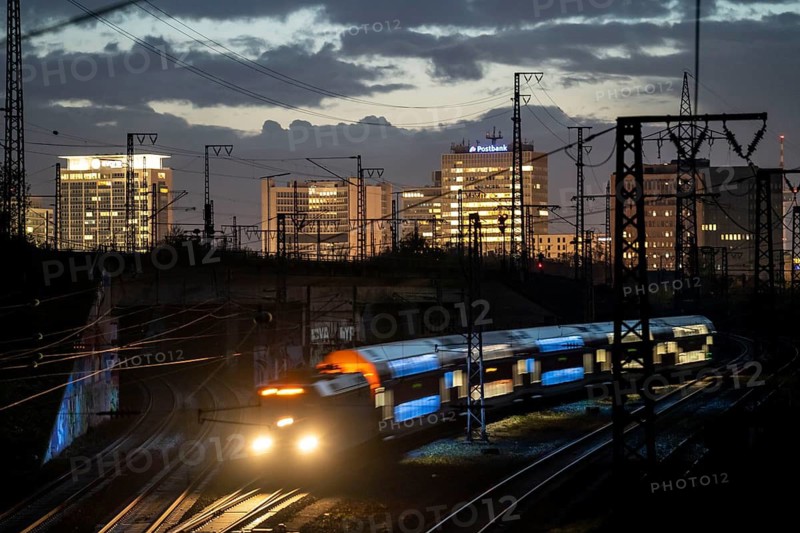 Skyline of Essen city centre, railway facilities in front of the main station, regional train, Regioexpress, Essen North Rhine-Westphalia, Germany
