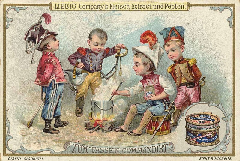 Picture series Children playing military, detached to collect food, Liebig picture, digitally restored reproduction of a collector's picture from ca 1900, public domain, exact date unknown, children in uniforms happily cooking over a campfire on an improvised camping trip