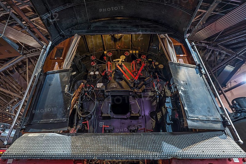 Driver's cab of a steam locomotive in the Ringlokschuppen, German Steam Locomotive Museum, Neuenmarkt, Upper Franconia, Bavaria, Germany