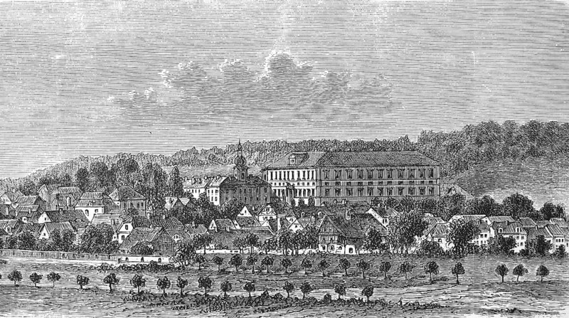 The castle in Reichstadt, Zakupy in the small north Bohemian town of Zakupy in the Okres Ceska Lípa in the Czech Republic, historical, digital reproduction of an original from the 19th century