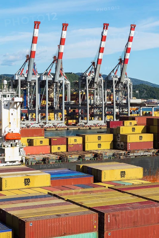 Stacked metal box shipping containers and gantry cranes on dock, MSC Renaissance III cargo ship loaded with containers in La Spezia cargo Port, Italy