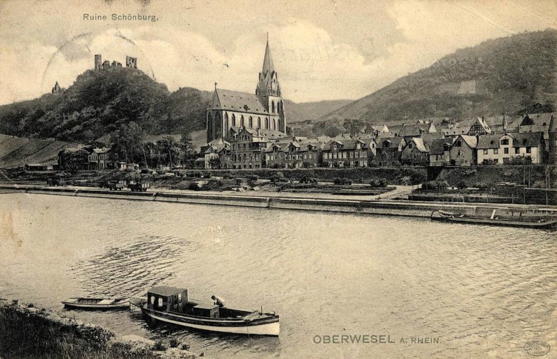 Oberwesel am Rhein with the distinctive Church of Our Dear Lady and the Schönburg ruins in the background, Rhineland-Palatinate, Germany, authentic reproduction of an old postcard, around 1910, historical, exact date unknown