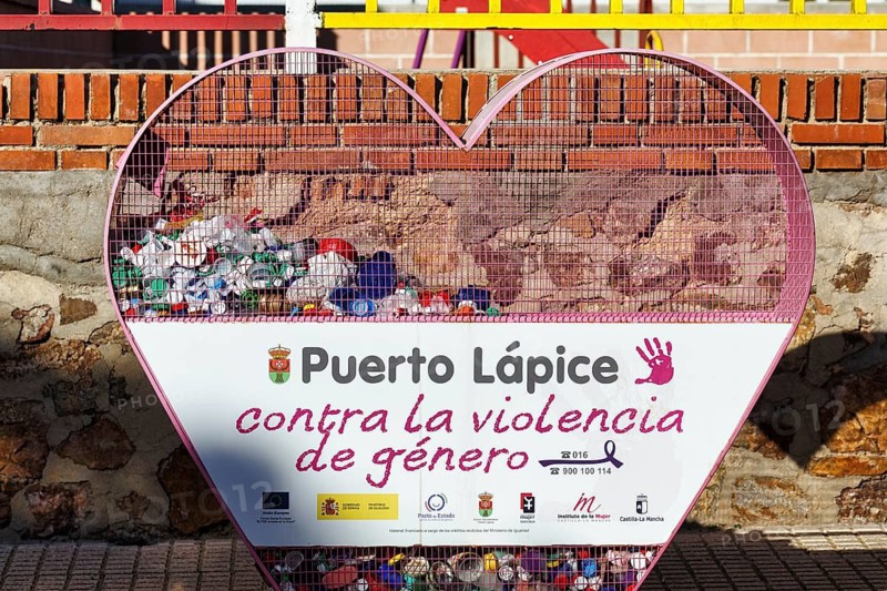 Heart shaped container for plastic caps, bottle caps, plastic bottles, recycling, sign with inscription, support for victims of domestic violence, Puerto Lapice, Castile-La Mancha, Spain