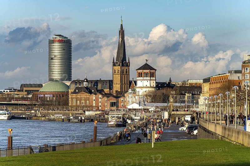 City view with Rhine promenade, St. Lambert's Basilica, castle tower, Tonhalle and Ergo Tower in Düsseldorf, North Rhine-Westphalia, Germany