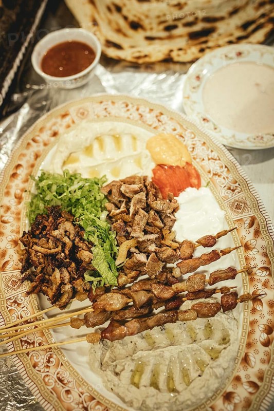 Shawarma, kebabs, hummus, muttabal, baba ghanoush, chutney, camel restaurant, Ittin Park, Salalah, Dhofar, Oman
