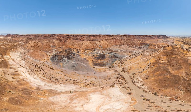 Aerial View, Arid Landscape with Yellow Grass and Black Volcanic Hills, Burnt Mountain or Burnt Mountain, Damaraland, Kunene, Namibia