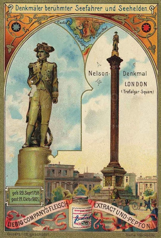 Series Monuments to famous seafarers and maritime heroes, Nelson Monument in London, Liebig image, digitally restored reproduction of a collector's image from ca 1900, public domain, exact date unknown, Nelson Monument in London with surrounding architecture and historical context