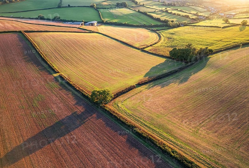 Top Down over Fields and Farmlands from a drone, Devon, England, United Kingdom