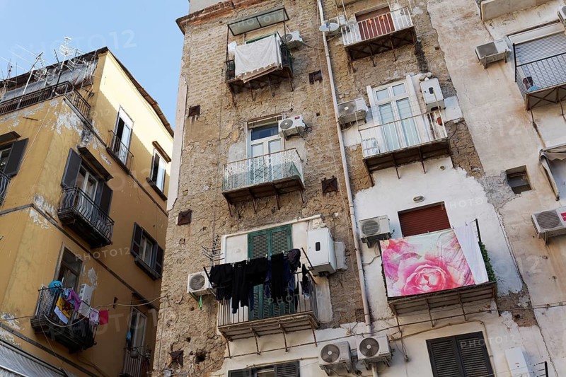 Dilapidated house facades in Quartieri Spagnoli, a balcony with a large rose on the sheets, Spanish Quarter, Naples, Campania, Italy