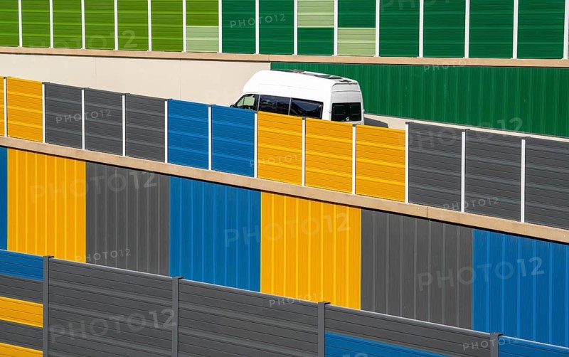 Colourful noise barriers on the A52 motorway, at the Essen-Rüttenscheid junction, the noise barriers were rebuilt in a colourful design as part of the motorway renovation, North Rhine-Westphalia, Germany