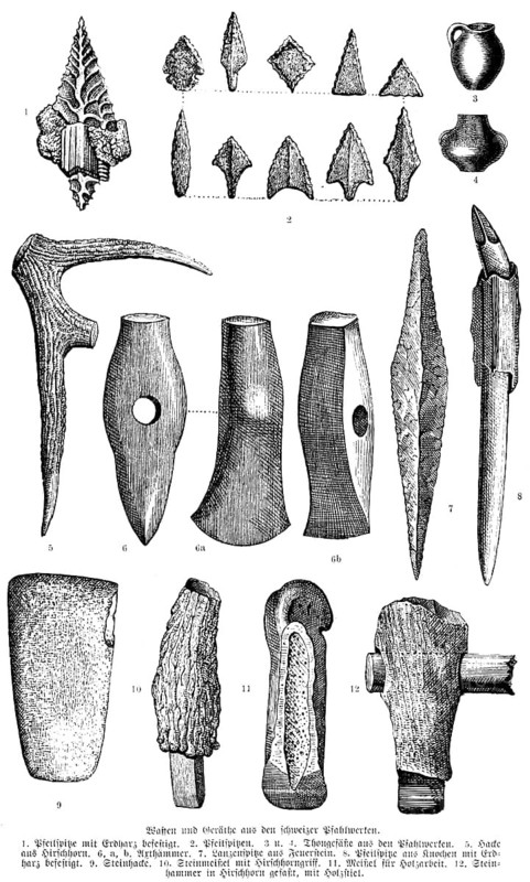 Weapons and tools from prehistoric pile dwellings, arrows and arrowheads, clay pots, hammers, hoes, chisels, history of mankind, Switzerland, historical illustration 1880