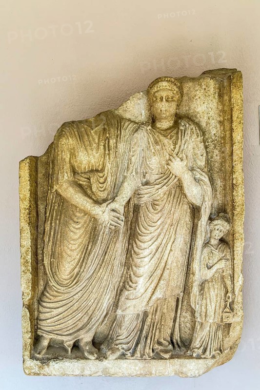 Roman tombstone of family separation scene, archaeology museum, Apollonia Archaeological Park, Albania 3rd century AD