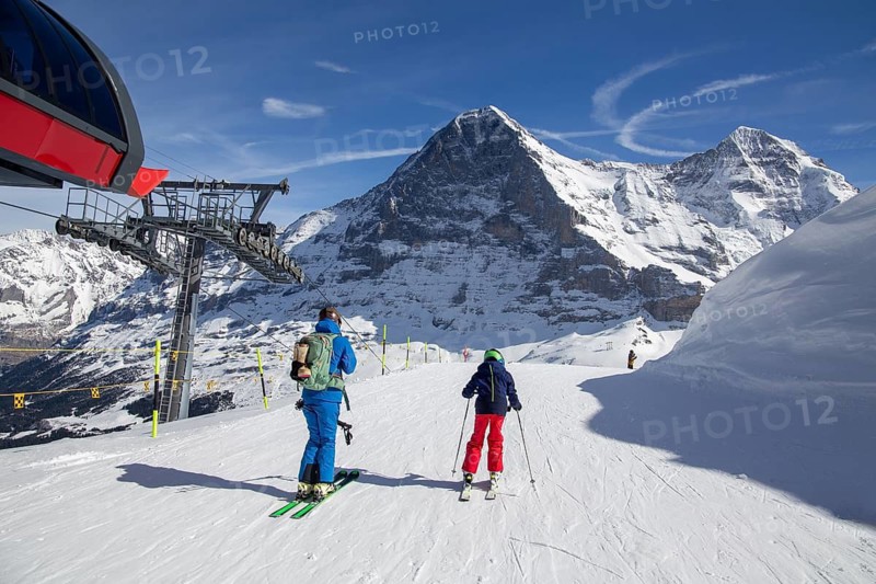 Skiing against the backdrop of the north face of the Eiger in Grindelwald, Switzerland