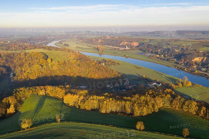 Aerial view of the Elbe valley between Meißen and Zehren in autumn, Meißen, Saxony, Germany