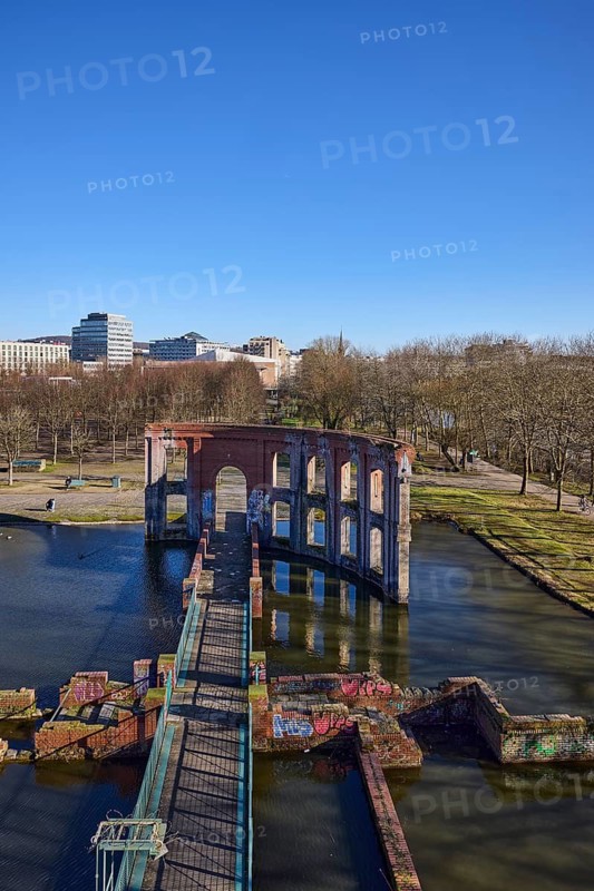 Park, trees, pond, lawn, artificial ruin, general architecture, blue sky, cloudless, Bürgerpark Hafeninsel, Saarbrücken, state capital, regional association Saarbrücken, Saarland, Germany