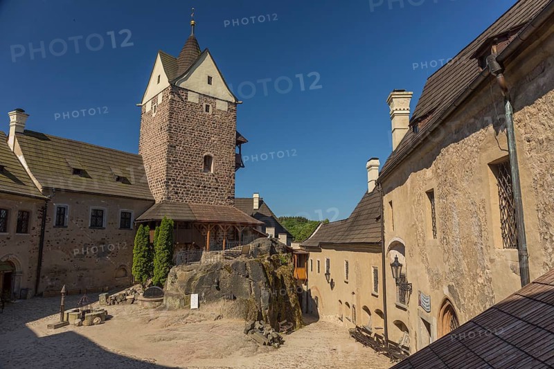 Loket castle, inner ward on a sunny day. The castle is located in Loket, Czech Republic. It is a 12th-century Gothic style castle
