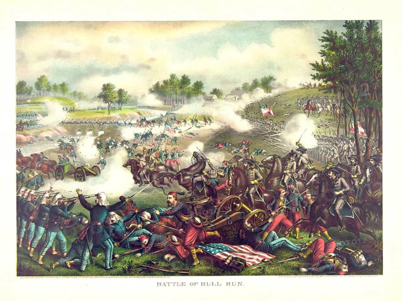 A chromolithograph of the First Battle of Bull Run, also known as the First Battle of Manassas, dating from 1889. The first major battle of the American Civil War took place on 21 July 1861 near Manassas in Prince William County, Virginia. The Confederate forces (Southern States) under Generals P. G. T. Beauregard and Joseph E. Johnston secured a victory over the Union Army (Northern States) under General Irvin McDowell. American history, an authentic, digitally restored reproduction of a 19th-century original, exact date of the depiction unknown, historical