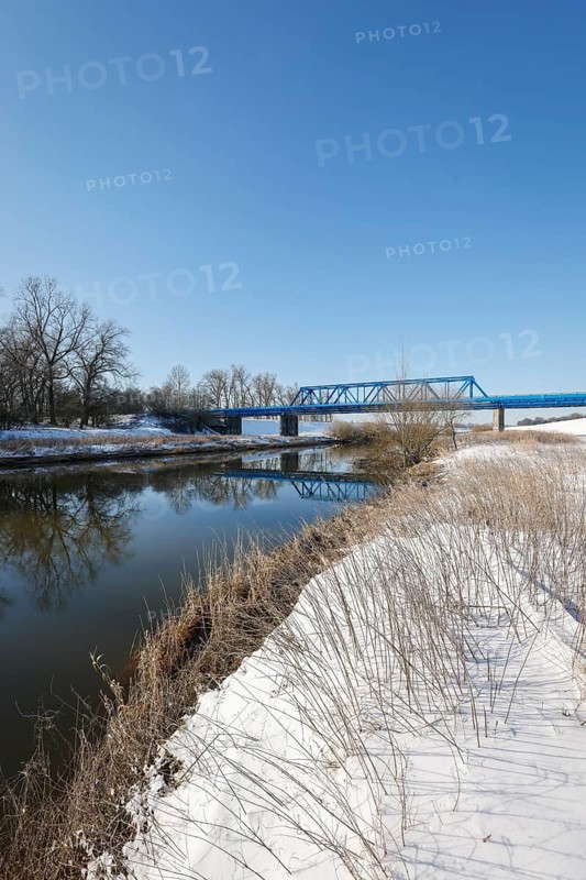 Dorsten, North Rhine-Westphalia, Germany - Sunny winter landscape in the Ruhr area, ice and snow on the river Lippe