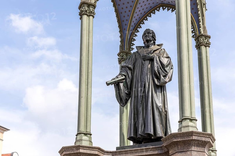 Monument to Philipp Melanchthon on the market square in front of the town hall, Luther city Wittenberg, Saxony-Anhalt, Germany