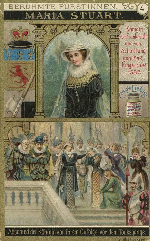 Picture series Famous Princesses, Mary Stuart, Queen of France and Scotland, Liebig picture, digitally restored reproduction of a collector's picture from around 1900, public domain, exact date unknown, Mary Stuart takes leave of her entourage in front of an execution, surrounded by aristocratic company