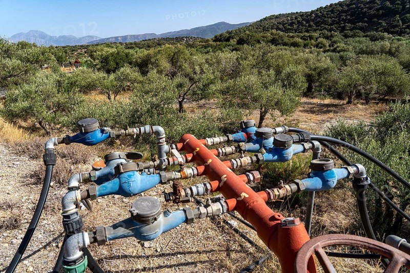 Water supply in an olive tree plantation, several hoses lead from a main pipe to the respective plantations, with water meter, without artificial irrigation the olive yields would not be feasible, on the island of Crete, south of Agios Nikolaos, Greece