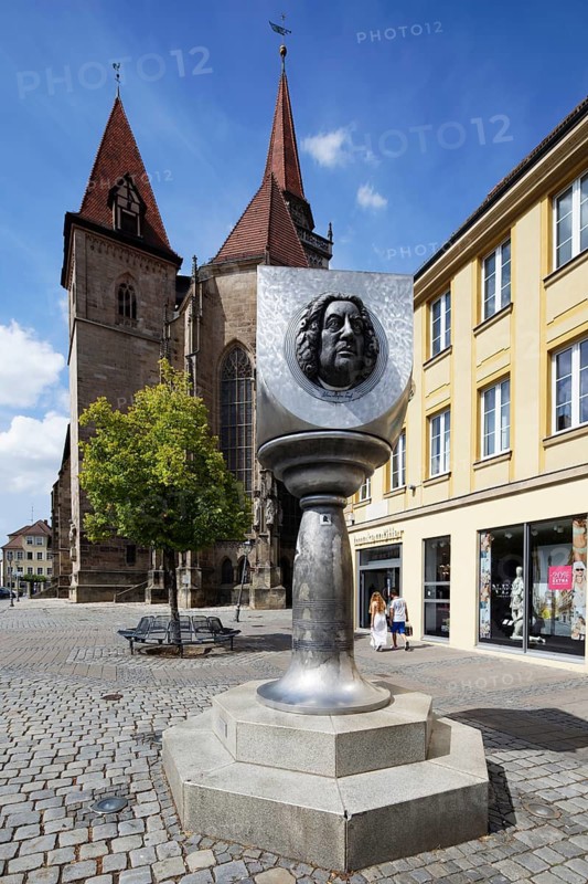 Johann Sebastian Bach Column, also known as Bach Column, monument by Jürgen Goertz, 2003, behind St. Johannis Church, Martin-Luther Platz, Ansbach, Middle Franconia, Franconia, Bavaria, Germany