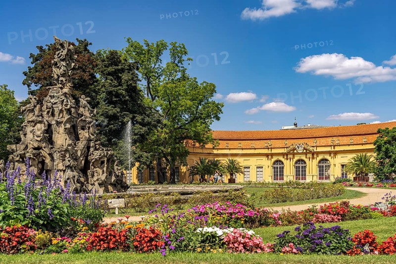 The Huguenot Fountain in the Palace Garden and the Orangery in Erlangen, Middle Franconia, Bavaria, Germany