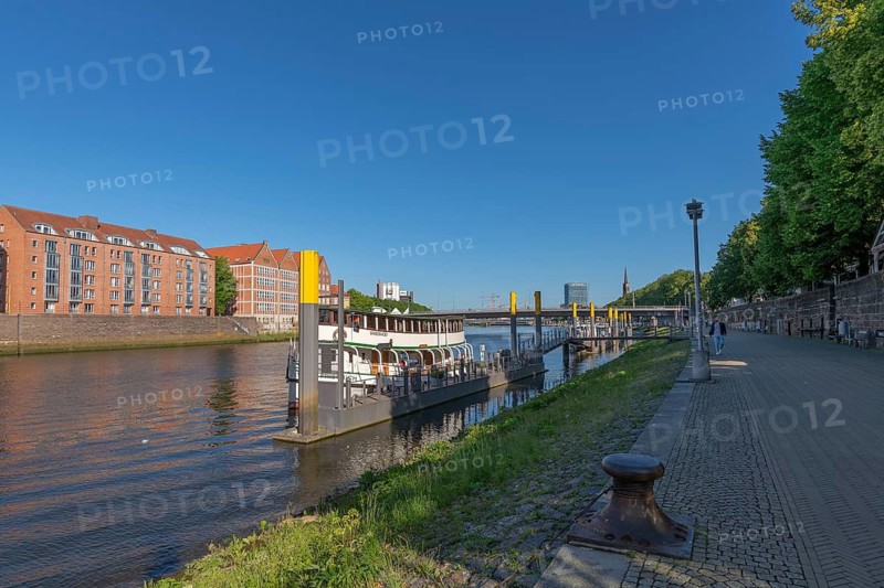 Residential district and culture, Weser island, Weser promenade, Hanseatic city of Bremen, city-state, teerhof, Weser, old town, peninsula, island, architecture, culture, history, waterfront, Weser panorama, urban development, river landscape, historic sightseeing boat, pier, blue sky, sunshine, historical development, modern living, historic preservation, Hanseatic League, cityscape, tourism, panorama, view, watercourse, trees, pedestrian, Weser Tower, city center, Bremen-Mitte, leisure, Germany