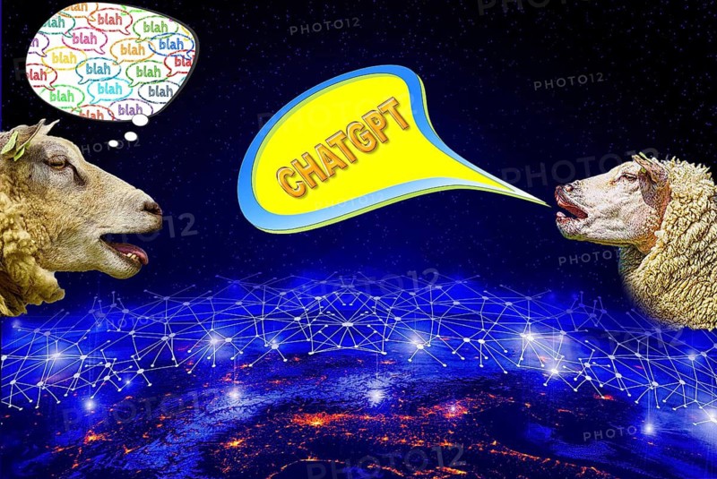 Symbolic photo, sheep talking ChatGBT, is understood blah, AI, OpenAI, chatbot, artificial intelligence, IT system, computer science, AI learning, IT technology, computer system, software, Microsoft, silicon brain, thinking machine, creativity, new wonder of the world, Einstein replacement, questionable intelligence, AI research, voice robot, algorithm, tropic