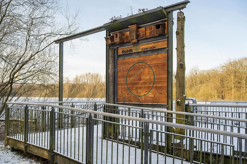 Information point of the Ruhr Regeionalverband, viewing platform, Beversee Nature Reserve, Bergkamen, Ruhr region, North Rhine-Westphalia, Germany
