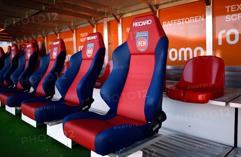 bench, bench, empty, logo, Recaro, seats, Voith-Arena, Heidenheim, Baden-Württemberg, Germany