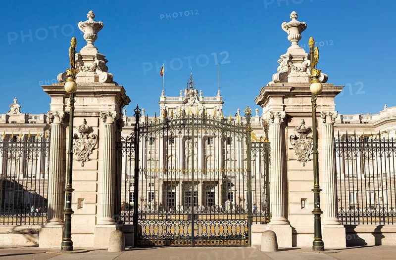 Gates to Plaza de la Armeria, Armory Square, Palacio Real royal palace, Madrid, Spain