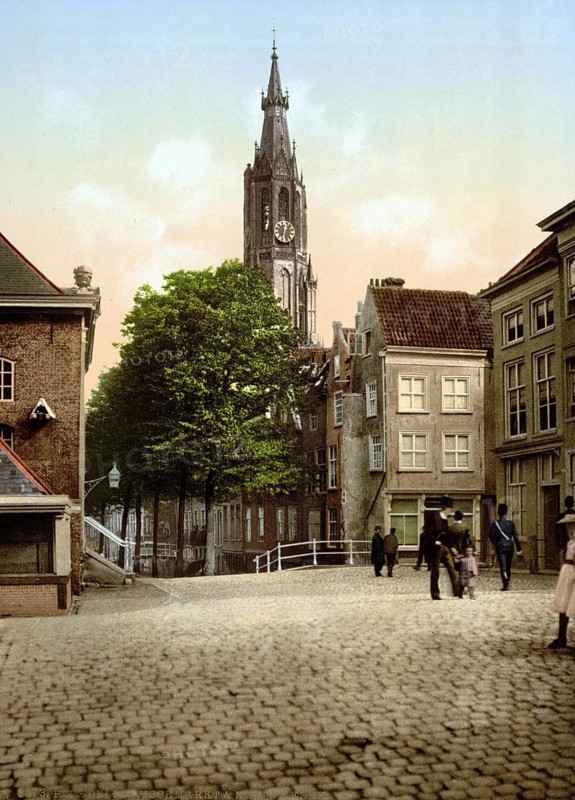Fish market and new church, Delft, Netherlands, ca 1895, Historical, digitally restored reproduction from a 19th century original, Record date not stated