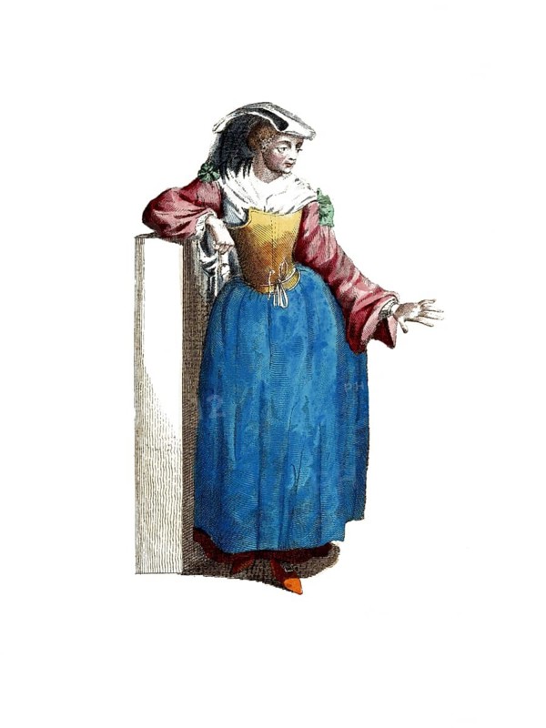 Historical clothing, fashion over time, traditional costume of a woman from Frascati in Italy, 18th century, digitally restored reproduction of a model from the 18th/19th century, exact date unknown, woman in historical costume leaning against a wall