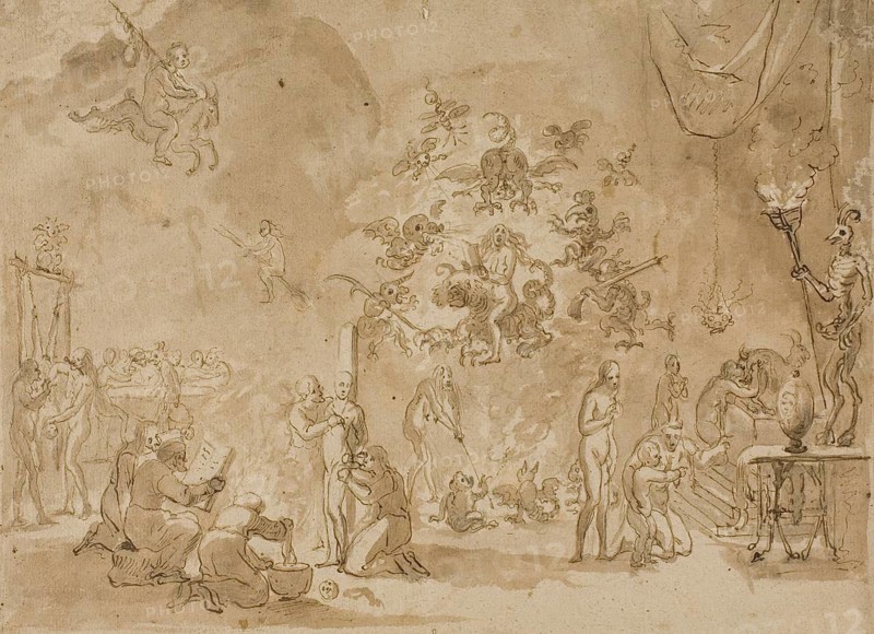 Scene of Witchcraft and Devil Worship, painting by David Teniers (baptised 15 December 1610 in Antwerp, died 25 April 1690 in Brussels), Flemish painter, draughtsman and curator. He was an innovator in a variety of genres such as history painting, genre painting, landscape, portrait and still life. He is most remembered today as the leading Flemish genre painter of his time, reproduction from a 17th century painting. Authentic, file restored for optimal use, exact date of original unknown
