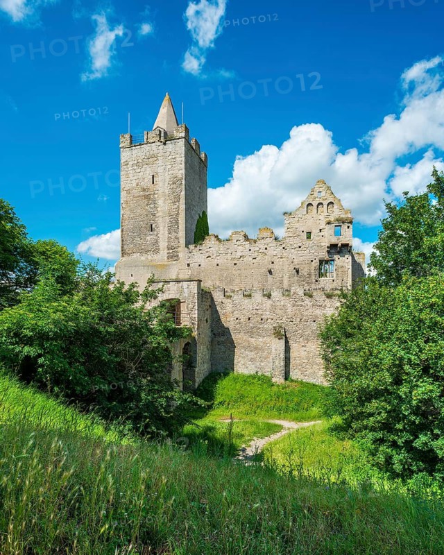 The ruins of Rudelsburg Castle in the Saale Valley, near Bad Kösen, Naumburg, Saxony-Anhalt, Germany