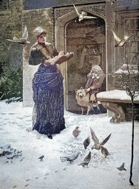 An elegantly dressed woman in winter wardrobe stands in freshly fallen snow. From a bowl in her hands, she feeds a flock of starving birds, pigeons and smaller birds that gather around her on the ground and in the air. A young boy sits with a shaggy dog at a magnificent, historically decorated archway. He observes the scene closely, reproducing a model from the 19th century. Authentic, file restored for optimal use, exact date of original unknown, nostalgically colored