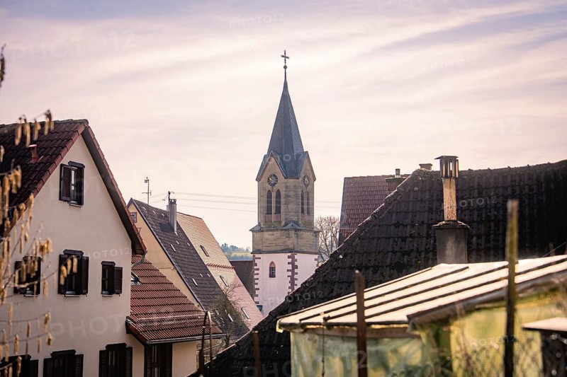 Church tower towers over the roofs of a peaceful village in mild spring weather, Gechingen, Calw district, Germany